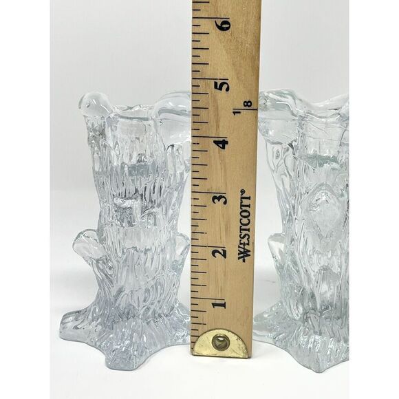Swedish Art Glass Tree Stump Candle Sticks Holders Clear MCM Vintage 5" Set Of 2 - Picture 2 of 5